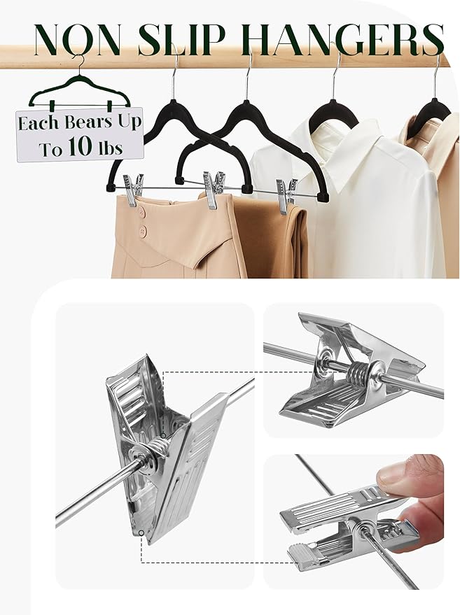 24 Packs Velvet Hangers with Clips Ultra Thin Non Slip Velvet Pants Hangers Space Saving Clothes Hanger for Trouser, Skirts, Jeans (Black)