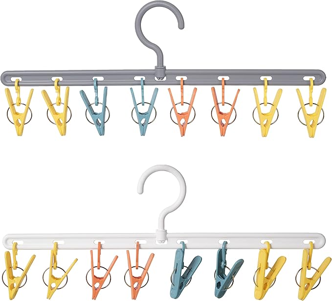 Clothes Hanger 2 Pack with 8 Color Clips,Clothes Drying Racks Windproof for Drying Socks Bras Underwears Baby Clothes, Hats Scarfs Towels Pants and Gloves Diaper White Gray