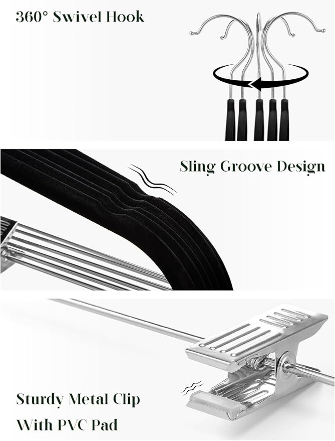 24 Packs Velvet Hangers with Clips Ultra Thin Non Slip Velvet Pants Hangers Space Saving Clothes Hanger for Trouser, Skirts, Jeans (Black)