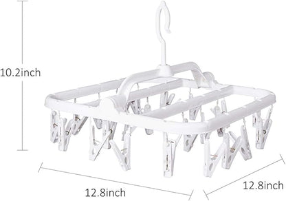 Foldable Clip Hangers with 26 Drying Clips, Underwear Hanger with Clips, Plastic Laundry Clip and Drip Drying Hanger for Socks, Bras, Lingerie, Clothes, Sturdy, White