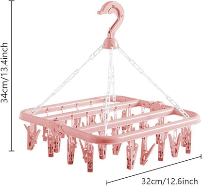 Clothes Drying Hanger with 32 Clips and Drip Foldable Hanging Rack (Light Pink)