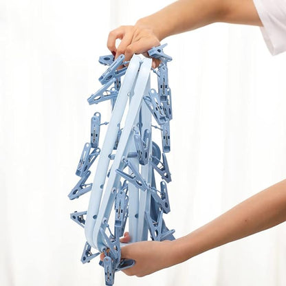 Clothes Drying Racks Foldable Clip Hangers Drip Hanger Plastic with 32 Drying Clips Wind-Proof Hook Underwear Hanger for Socks Bras (Blue)