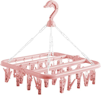 Clothes Drying Hanger with 32 Clips and Drip Foldable Hanging Rack (Light Pink)