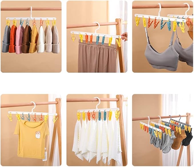 Clothes Hanger 2 Pack with 8 Color Clips,Clothes Drying Racks Windproof for Drying Socks Bras Underwears Baby Clothes, Hats Scarfs Towels Pants and Gloves Diaper White Gray