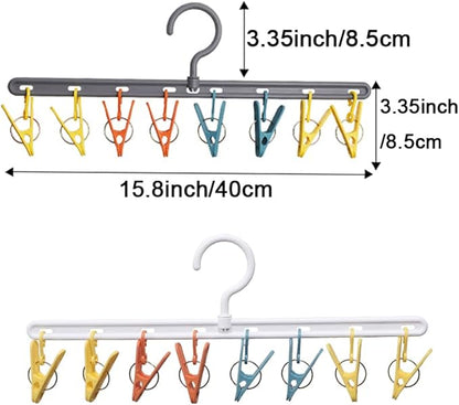 Clothes Hanger 2 Pack with 8 Color Clips,Clothes Drying Racks Windproof for Drying Socks Bras Underwears Baby Clothes, Hats Scarfs Towels Pants and Gloves Diaper White Gray