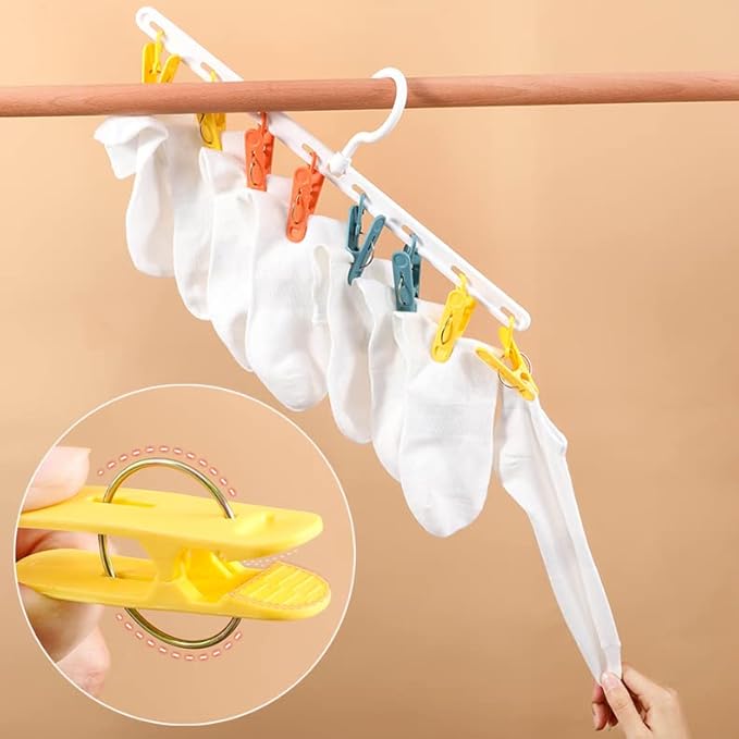 Clothes Hanger 2 Pack with 8 Color Clips,Clothes Drying Racks Windproof for Drying Socks Bras Underwears Baby Clothes, Hats Scarfs Towels Pants and Gloves Diaper White Gray