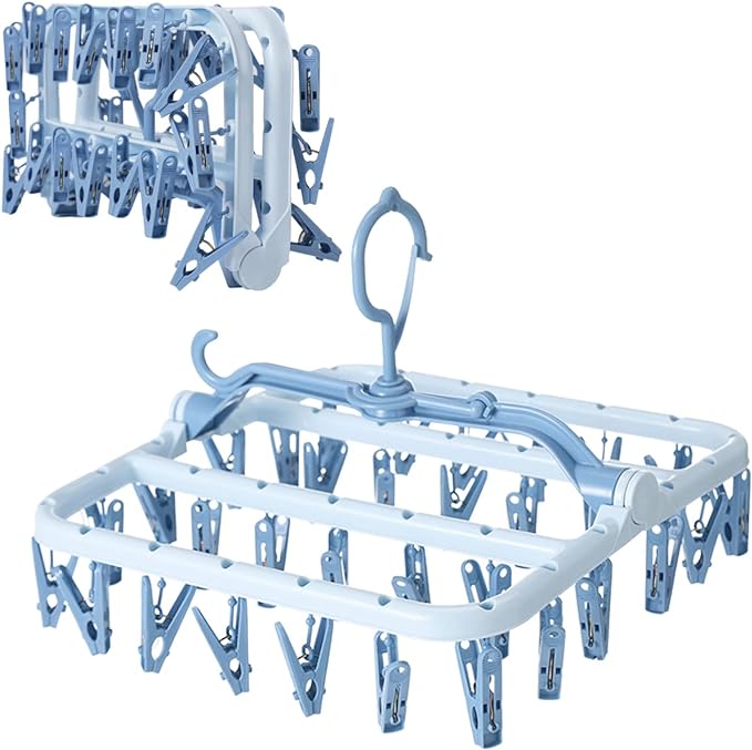 Clothes Drying Racks Foldable Clip Hangers Drip Hanger Plastic with 32 Drying Clips Wind-Proof Hook Underwear Hanger for Socks Bras (Blue)