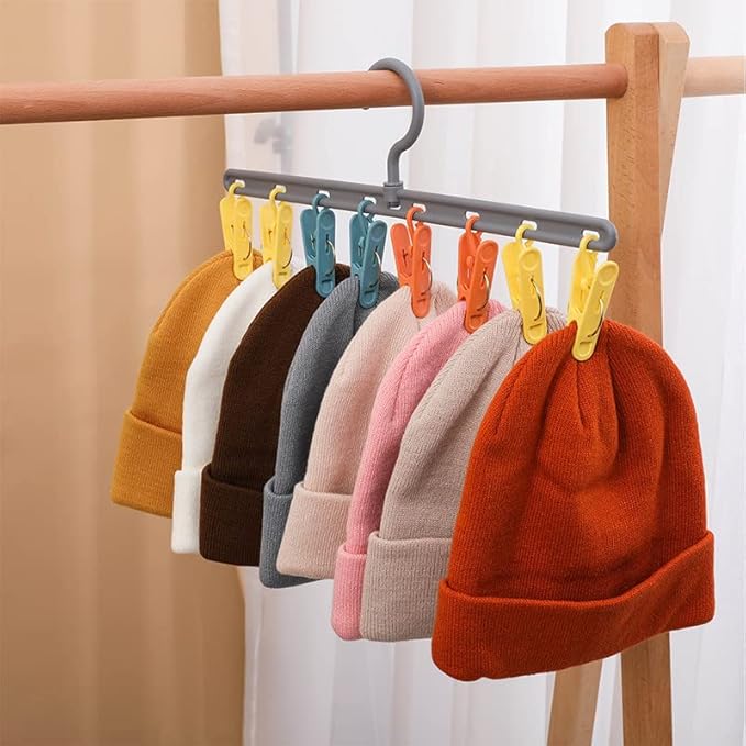 Clothes Hanger 2 Pack with 8 Color Clips,Clothes Drying Racks Windproof for Drying Socks Bras Underwears Baby Clothes, Hats Scarfs Towels Pants and Gloves Diaper White Gray