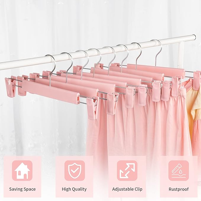 Skirt Hangers，Pants Hangers with Clips，360 ° Swivel Hooks Space Saving Hangers for Pants, Skirts, Clothes, Jeans (10Pack, Pink)