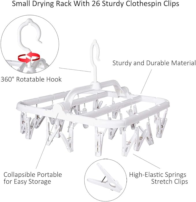 Foldable Clip Hangers with 26 Drying Clips, Underwear Hanger with Clips, Plastic Laundry Clip and Drip Drying Hanger for Socks, Bras, Lingerie, Clothes, Sturdy, White