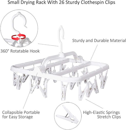 Foldable Clip Hangers with 26 Drying Clips, Underwear Hanger with Clips, Plastic Laundry Clip and Drip Drying Hanger for Socks, Bras, Lingerie, Clothes, Sturdy, White