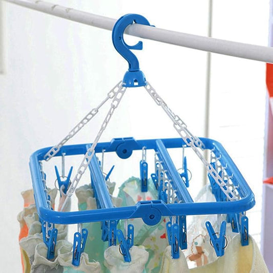 Clothes Drying Hanger with 32 Clips, Foldable Hanging Drying Rack for Clothes Underwear Socks (Blue)