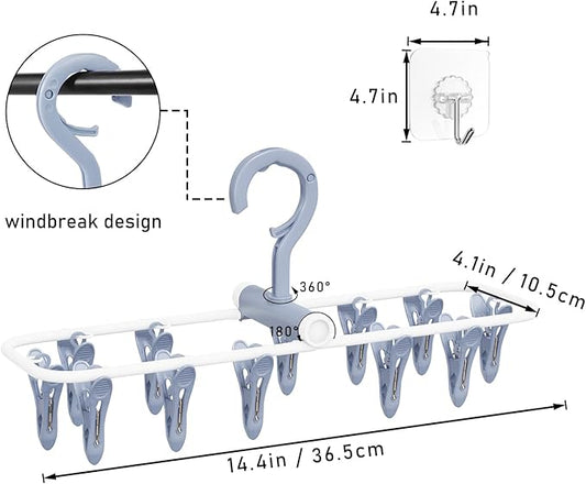 Clothes Drying Hanger with 12 Clips, 2 Pack Folding Portable Hanging Drying Rack,Drip Foldable Hanging Rack, 360° Rotatable Hook for Drying Towels Bras Baby Clothes Gloves Plastic(Blue&Purple)