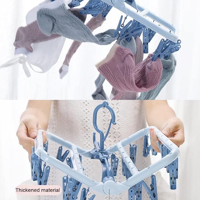 Clothes Drying Racks Foldable Clip Hangers Drip Hanger Plastic with 32 Drying Clips Wind-Proof Hook Underwear Hanger for Socks Bras (Blue)