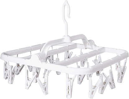 Foldable Clip Hangers with 26 Drying Clips, Underwear Hanger with Clips, Plastic Laundry Clip and Drip Drying Hanger for Socks, Bras, Lingerie, Clothes, Sturdy, White