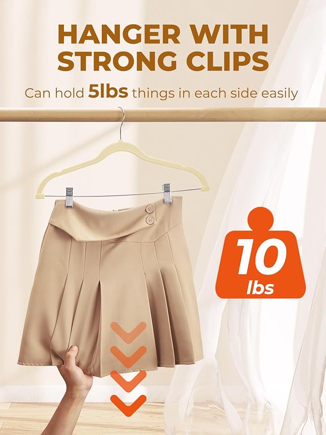 Velvet Skirt Hangers 36 Pack, Beige Velvet Hangers with Adjustable Clips, Space Saving Slim Velvet Pant Hangers, Heavy Duty Shorts Hangers, Non Slip Clip Hangers for Pants, Skirts, Shorts