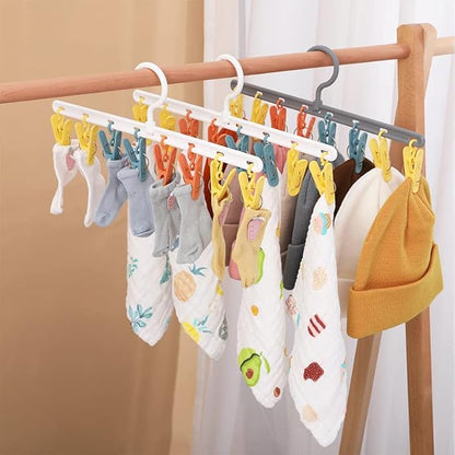 Clothes Hanger 2 Pack with 8 Color Clips,Clothes Drying Racks Windproof for Drying Socks Bras Underwears Baby Clothes, Hats Scarfs Towels Pants and Gloves Diaper White Gray