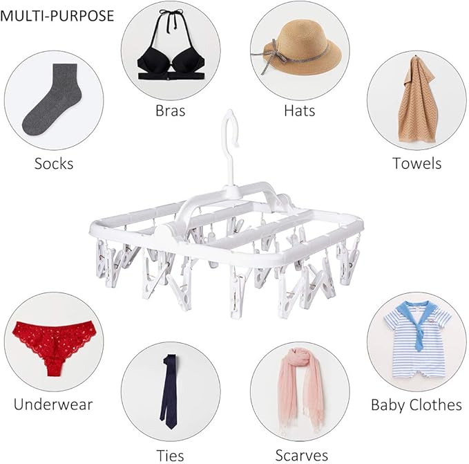 Foldable Clip Hangers with 26 Drying Clips, Underwear Hanger with Clips, Plastic Laundry Clip and Drip Drying Hanger for Socks, Bras, Lingerie, Clothes, Sturdy, White