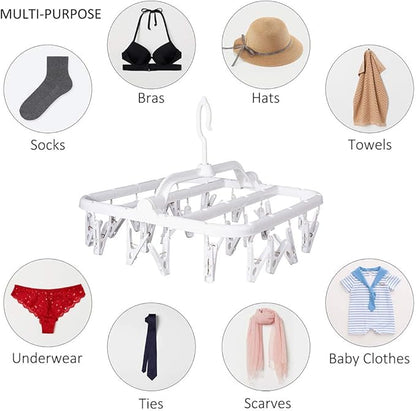 Foldable Clip Hangers with 26 Drying Clips, Underwear Hanger with Clips, Plastic Laundry Clip and Drip Drying Hanger for Socks, Bras, Lingerie, Clothes, Sturdy, White