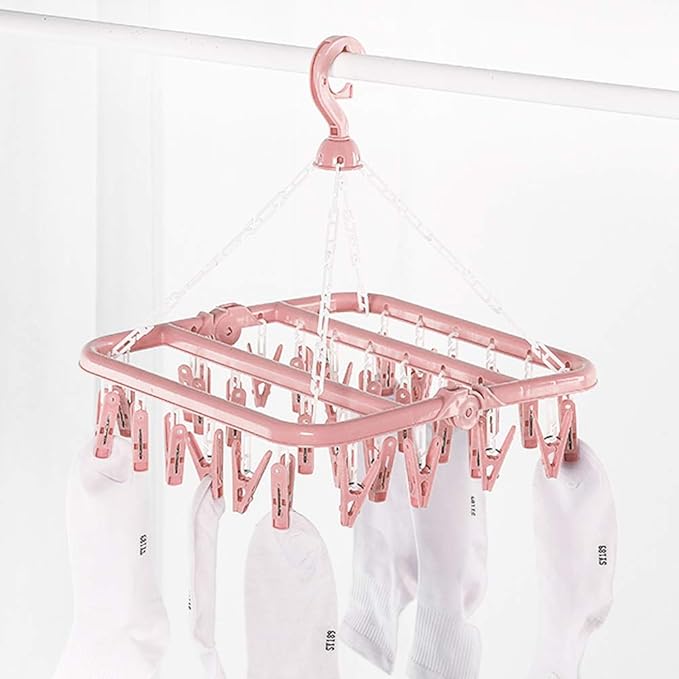 Clothes Drying Hanger with 32 Clips and Drip Foldable Hanging Rack (Light Pink)