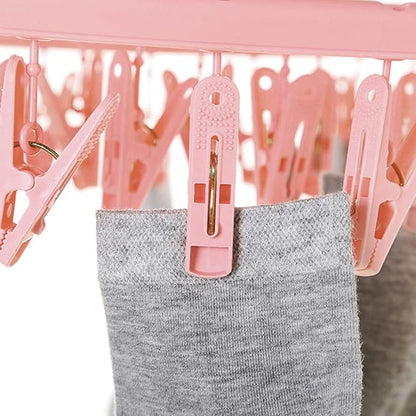 Clothes Drying Hanger with 32 Clips and Drip Foldable Hanging Rack (Light Pink)