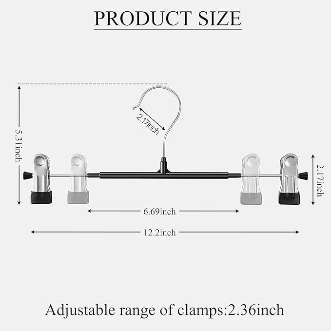 20 Pack 12Inch Heavy Duty Pants Skirt Hangers with Clips,Metal Trousers Hanger for Jeans Black Non Slip Women Shorts Hangers Saving Space Clothing Hanger for Adult,Men,Children,Kid,Baby