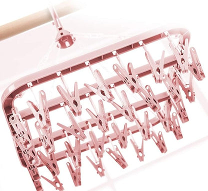 Clothes Drying Hanger with 32 Clips and Drip Foldable Hanging Rack (Light Pink)