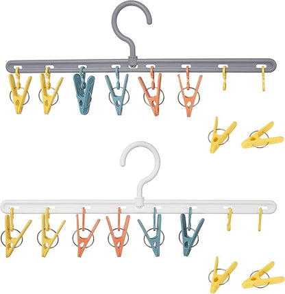 Clothes Hanger 2 Pack with 8 Color Clips,Clothes Drying Racks Windproof for Drying Socks Bras Underwears Baby Clothes, Hats Scarfs Towels Pants and Gloves Diaper White Gray