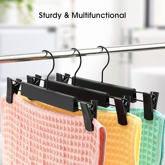 10 Pack Clothes Pants Hangers, Space-Saving Skirt Holders with 360 ° Swivel Hooks, Adjustable Clips, Trouser Coat Garment Jeans Black