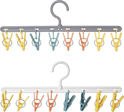 Clothes Hanger 2 Pack with 8 Color Clips,Clothes Drying Racks Windproof for Drying Socks Bras Underwears Baby Clothes, Hats Scarfs Towels Pants and Gloves Diaper White Gray