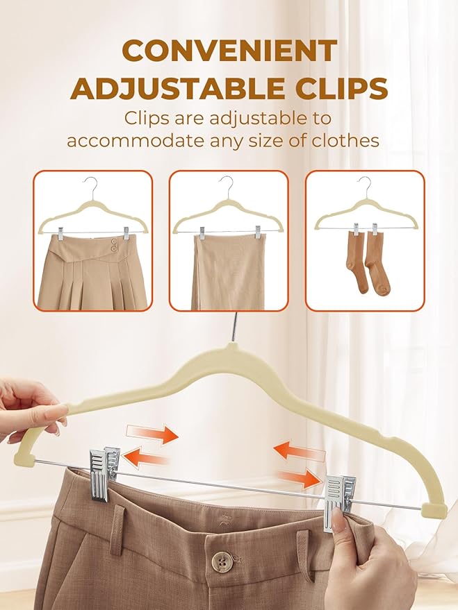 Velvet Skirt Hangers 36 Pack, Beige Velvet Hangers with Adjustable Clips, Space Saving Slim Velvet Pant Hangers, Heavy Duty Shorts Hangers, Non Slip Clip Hangers for Pants, Skirts, Shorts