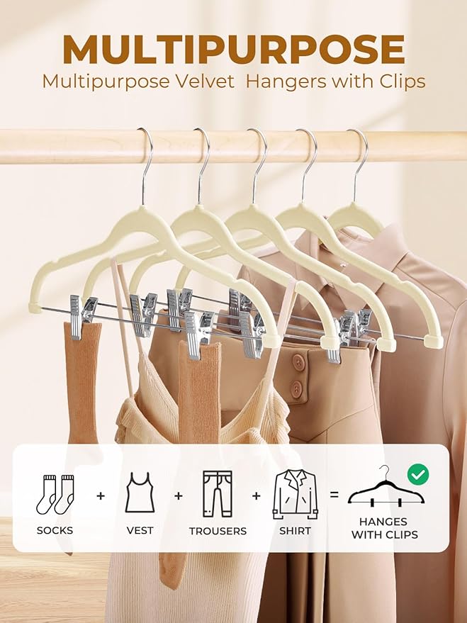 Velvet Skirt Hangers 36 Pack, Beige Velvet Hangers with Adjustable Clips, Space Saving Slim Velvet Pant Hangers, Heavy Duty Shorts Hangers, Non Slip Clip Hangers for Pants, Skirts, Shorts