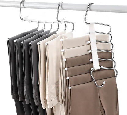 Upgraded Collapsible Pants Hangers Space Saving, 6 Layers Clothes Rack, Stainless Steel Multifunctional Closet Organizer, Non Slip Metal Hangers for Pants Jeans Skirts Trousers (2 Pack)