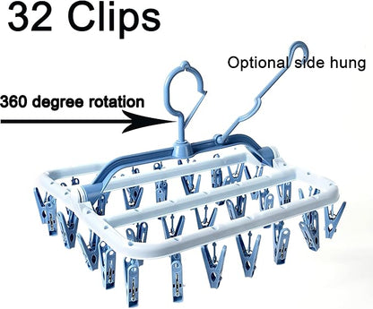 Clothes Drying Racks Foldable Clip Hangers Drip Hanger Plastic with 32 Drying Clips Wind-Proof Hook Underwear Hanger for Socks Bras (Blue)